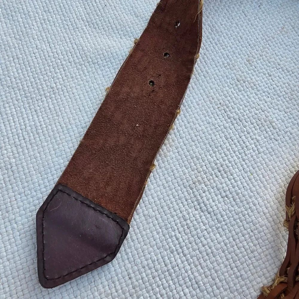 Leather belt woven with hammered brass buckle